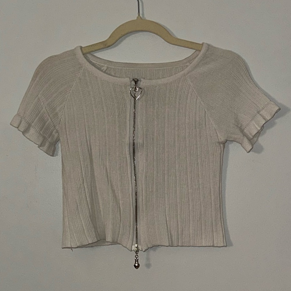 White Ribbed Top with Zip